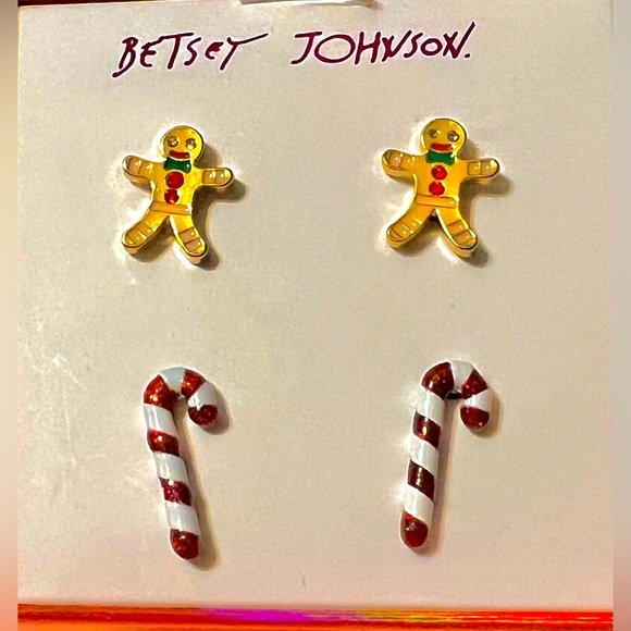 Betsey Johnson Christmas Gingerbread Man and Candy Cane Stud Earrings. NWT NIB - Picture 3 of 4